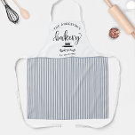 Custom, Bakery White and Blue Stripes Farmhouse Apron<br><div class="desc">Make this beautiful apron your own by adding your own text on top and bottom area. Design with gorgeous "Bakery" script in hand written calligraphy,  decorative eggs whisk and rolling pin and white and blue stripe pattern on middle and bottom area. Great custom gift idea!</div>