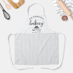 Custom, Bakery White and Grey Stripes Farmhouse Apron<br><div class="desc">Make this beautiful apron your own by adding your own text on top and bottom area. Design with gorgeous "Bakery" script in hand written calligraphy,  decorative eggs whisk and rolling pin and white and grey stripe pattern on middle and bottom area. Great custom gift idea!</div>