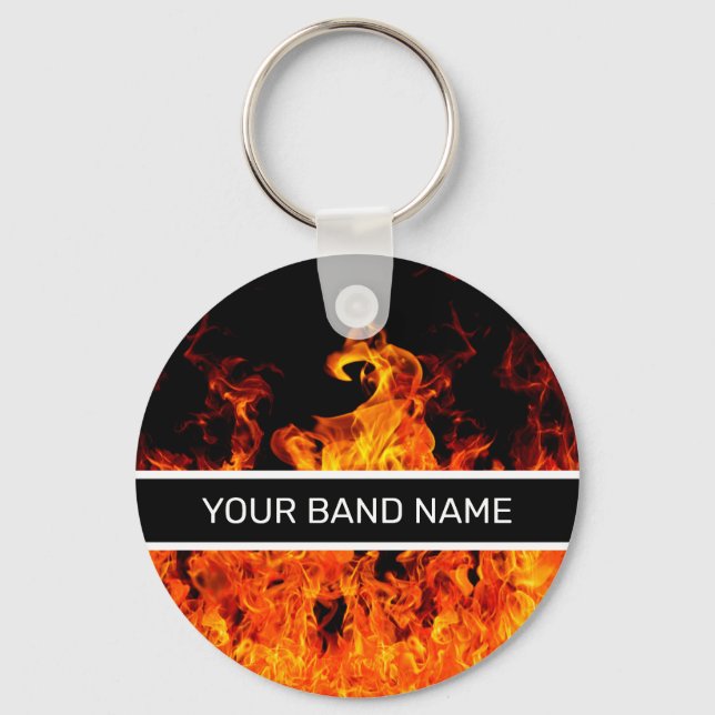 Custom Band Merch Rock and Roll Flames Musician Key Ring (Front)