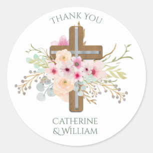 Custom Baptism Communion Confirmation Floral Cross Classic Round Sticker