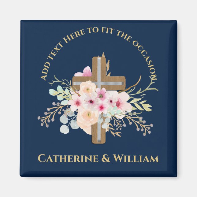 Custom Baptism Communion Confirmation Floral Cross Magnet (Front)