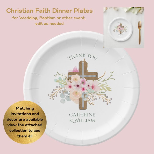 Custom Baptism Communion Confirmation Floral Cross Paper Plate (Creator Uploaded)