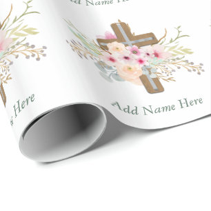 Custom Baptism Communion Confirmation Floral Cross Wrapping Paper