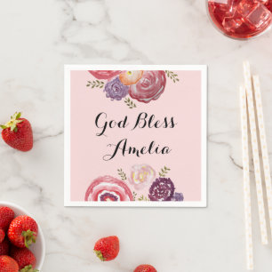 Custom Baptism God Bless Pink Flower Napkin