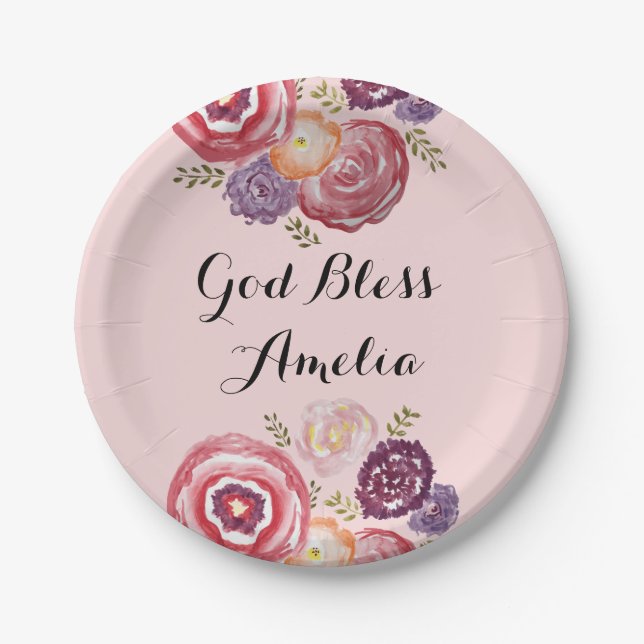 Custom Baptism God Bless Pink Flower Paper Plate (Front)