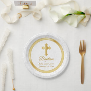 Custom Baptism in  Pretty White Damask and Gold Paper Plate