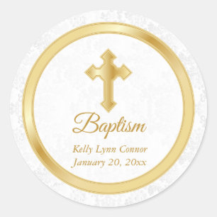 Custom Baptism in  Pretty White Damask & Gold 2 Classic Round Sticker