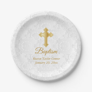 Custom Baptism in White Damask and Gold Paper Plate