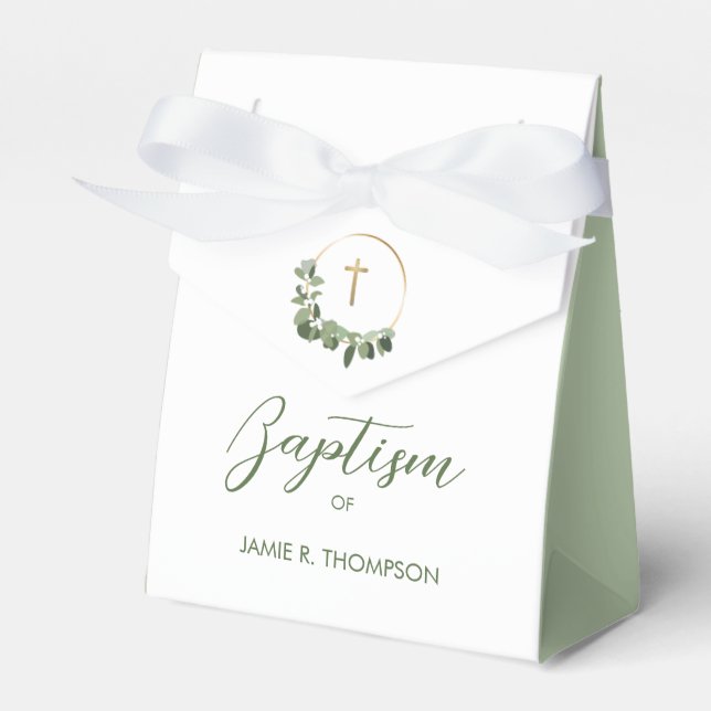 Custom Baptism Modern Green Wreath gold cross Favour Box (Front Side)