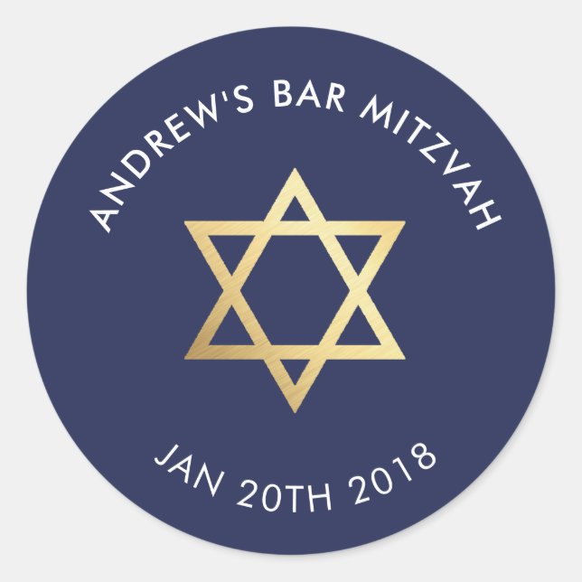 CUSTOM Bar Mitzvah for jewish star navy + gold Classic Round Sticker (Front)