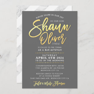 CUSTOM Bar Mitzvah gold script name SHAUN Invitation