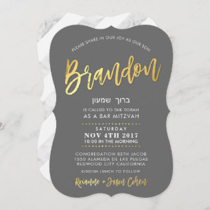 CUSTOM Bar Mitzvah Invite for Brandon grey + gold