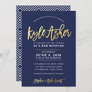 CUSTOM Bar Mitzvah modern navy + gold name KYLE Invitation