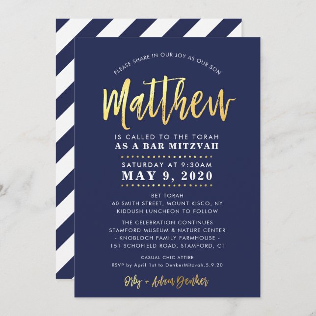CUSTOM Bar Mitzvah modern navy + gold name MATTHEW Invitation (Front/Back)