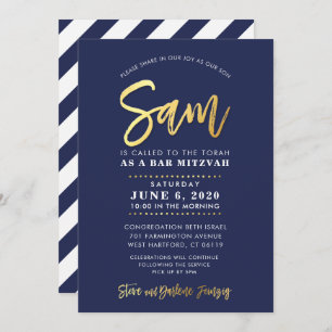 CUSTOM Bar Mitzvah modern navy + gold name SAM Invitation
