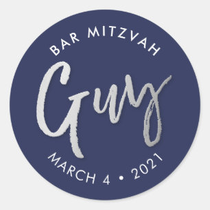 CUSTOM Bar Mitzvah modern navy silver name GUY Classic Round Sticker
