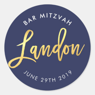 CUSTOM Bar Mitzvah navy blue + gold LANDON Classic Round Sticker