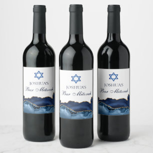 Custom Bar Mitzvah Party Navy Blue Gold Agate Wine Label
