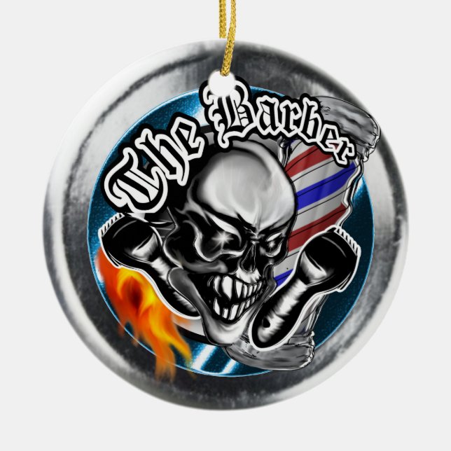 Custom Barber Skull with Flaming Razor Ceramic Tree Decoration (Front)