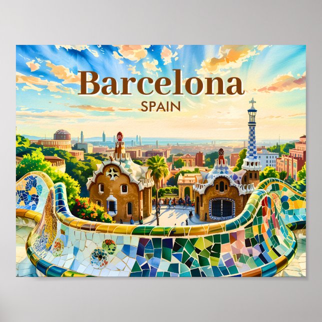 Custom Barcelona Spain Watercolor Park Guell Retro Poster (Front)