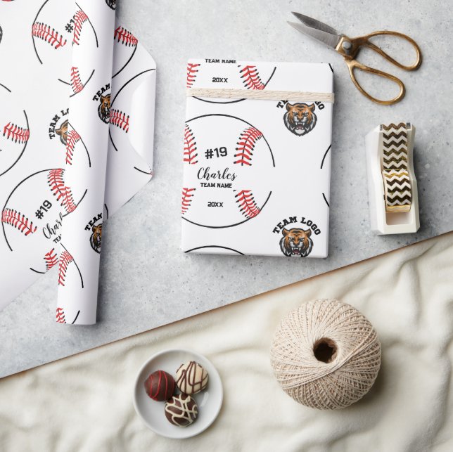 Custom Baseball Player Name Number and Team Logo Wrapping Paper (Crafts)