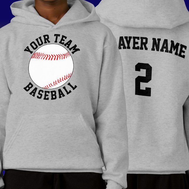 Custom Baseball Team, Player Name & Number Sports (Personalized baseball team hoodie with custom baseball team name, player name and number.)