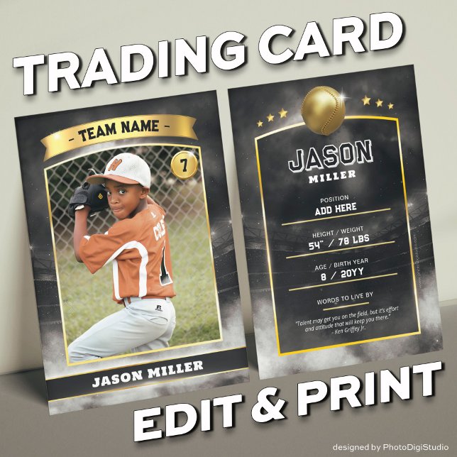 Custom Baseball Trading Card Black Gold Stadium (Custom Trading Card, Editable Baseball Trading Card, Modern Black Gold Stadium Design)