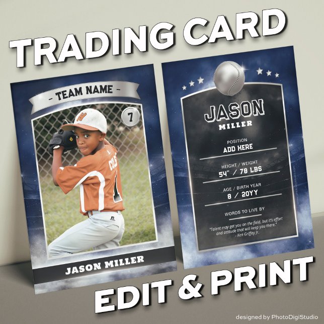 Custom Baseball Trading Card Blue Silver Stadium (Custom Trading Card, Editable Baseball Trading Card, Modern Blue Silver Stadium Design)