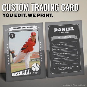 Custom Baseball Trading Card, Gray Retro Player Calling Card