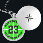 Custom basketball player jersey number team name locket necklace<br><div class="desc">Custom basketball player jersey number team name round locket necklace. Personalised sports gift for basketball player,  fan and coach. Neon green or custom background colour. Sporty presents for girl,  sister,  daughter,  granddaughter,  mum,  friend,  team mate etc.</div>