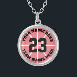 Custom basketball player jersey number team name silver plated necklace<br><div class="desc">Custom basketball player jersey number team name round Silver Plated Necklace. Personalised sports gift for basketball player,  fan and coach. Coral pink or custom background colour. Sporty presents for girl,  sister,  daughter,  granddaughter,  mum,  friend,  team mate etc.</div>