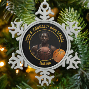 Custom Basketball Player Photo Black Gold Snowflake Pewter Christmas Ornament