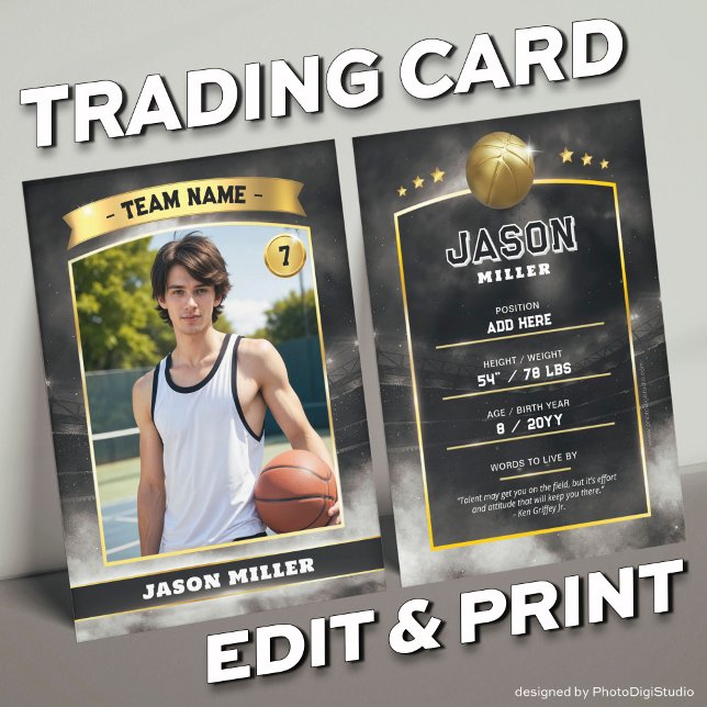 Custom Basketball Trading Card Black Gold Stadium (Custom Trading Card, Editable Basketball Trading Card, Modern Black Gold Stadium Design)