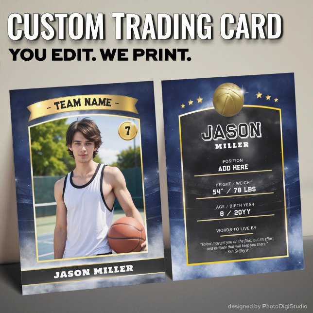 Custom Basketball Trading Card Blue Gold Stadium (Custom Trading Card, Editable Basketball Trading Card, Modern Blue Gold Stadium Design)