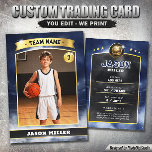 Custom Basketball Trading Card, Blue Gold Stadium Calling Card