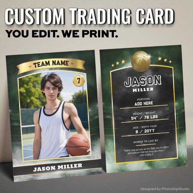 Custom Basketball Trading Card Green Gold Stadium (Custom Trading Card, Editable Basketball Trading Card, Modern Green Gold Stadium Design)