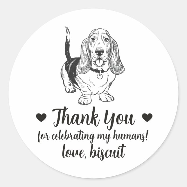Custom Basset Hound Dog Wedding Favour Stickers (Front)