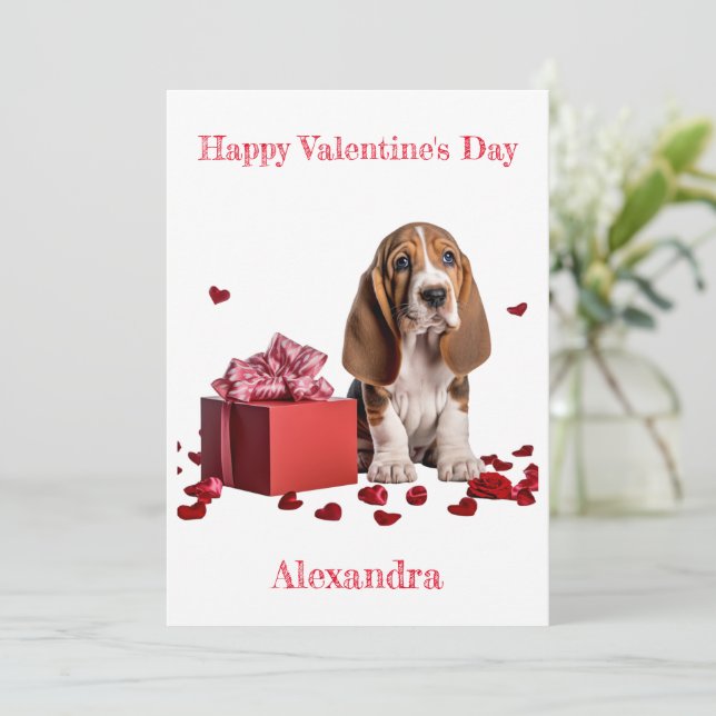 Custom Basset Hound Red Gift Box Valentine Holiday Card (Standing Front)