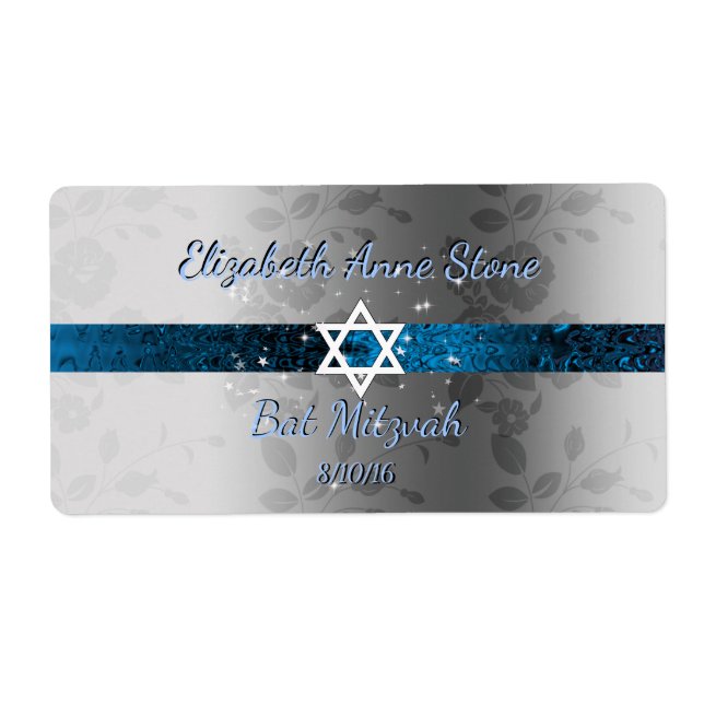 Custom, Bat Mitzvah, Blue & Silver, Water Bottle (Front)