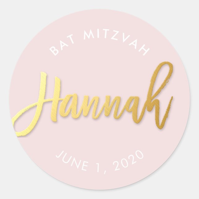 CUSTOM Bat Mitzvah blush pink gold name HANNAH Classic Round Sticker (Front)