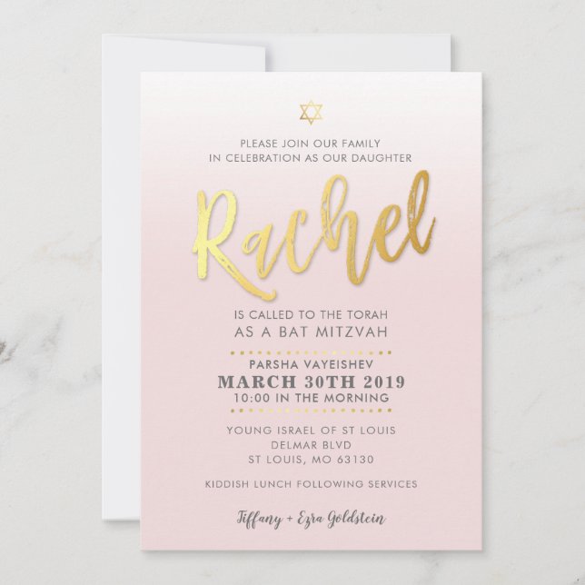 CUSTOM Bat Mitzvah Invite pale pink gold RACHEL (Front)