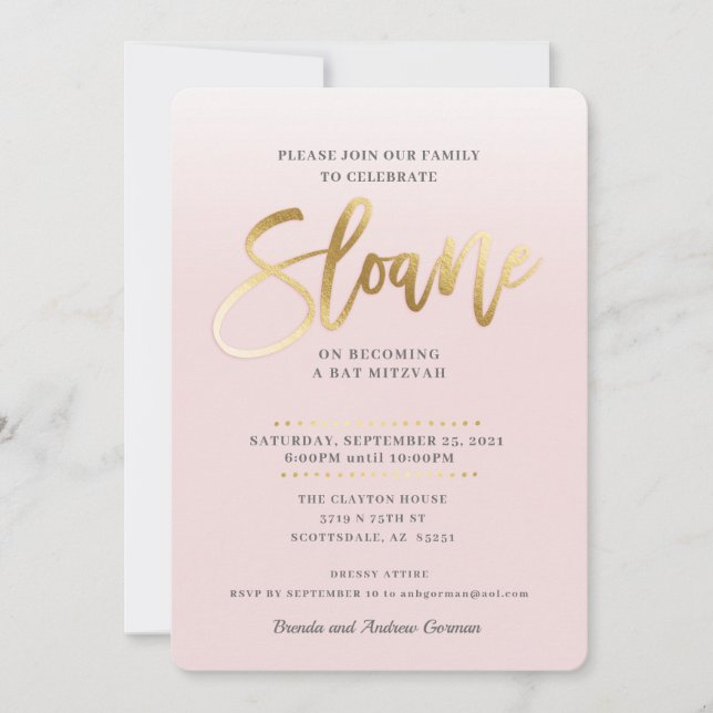 CUSTOM Bat Mitzvah Invite pale pink gold SLOANE (Front)