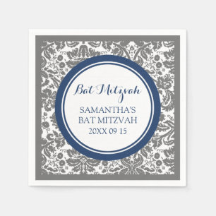 Custom Bat Mitzvah Napkin Grey Blue Damask