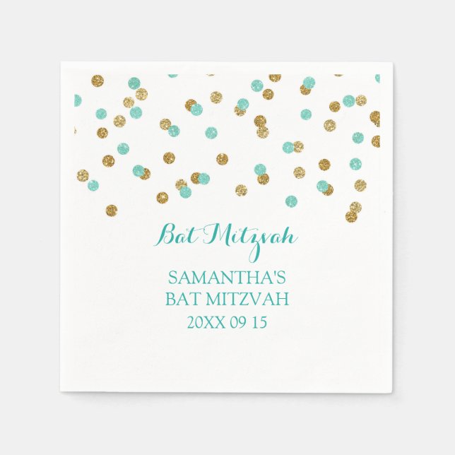 Custom Bat Mitzvah Napkin Mint Gold Blue Confetti (Front)