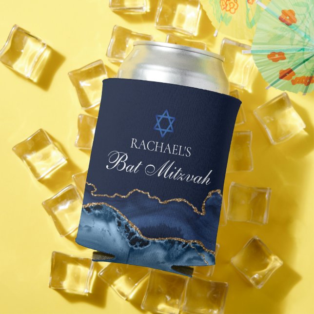 Custom Bat Mitzvah Party Navy Blue Gold Agate Can Cooler (In Situ Summer)