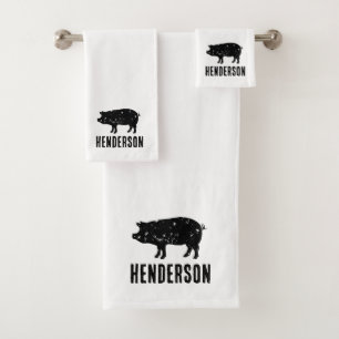 Custom bath towel set with vintage pig silhouette