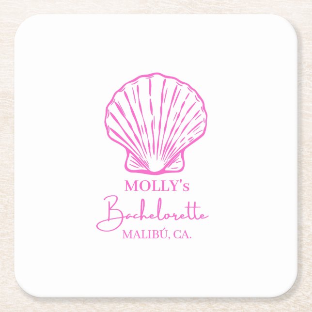 Custom Beach Bachelorette Sea Shell Pink Stripe  Square Paper Coaster (Front)