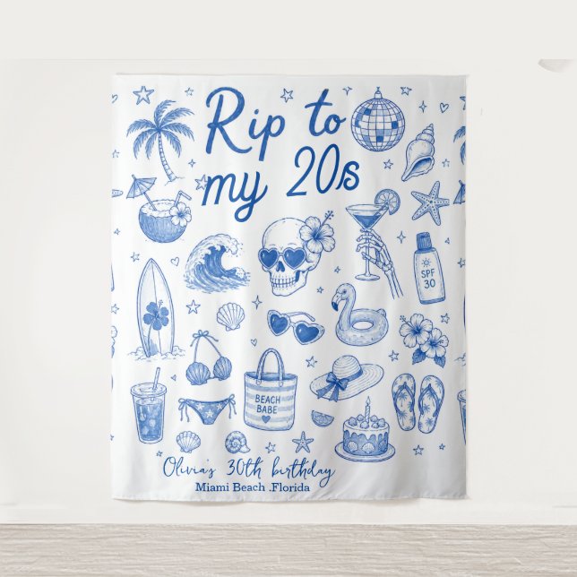 custom beach blue birthday 20s hand drawn ocean  tapestry (Front)