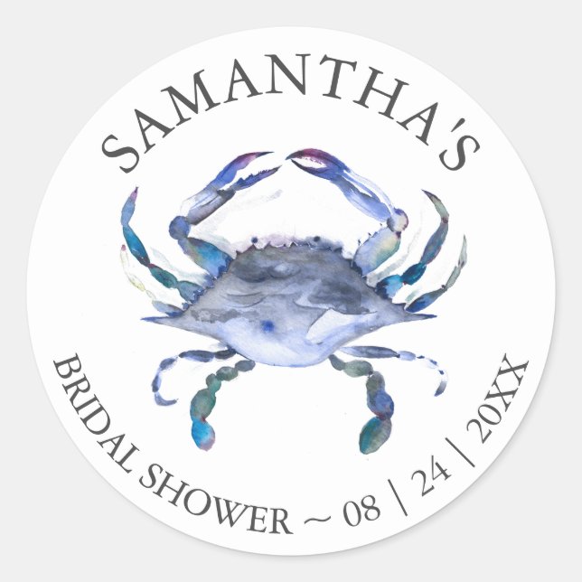 Custom Beach Bridal Shower Labels Blue Crab (Front)