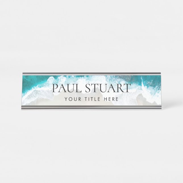 Custom Beach Elegant Professional Modern Blue Desk Desk Name Plate (Front)